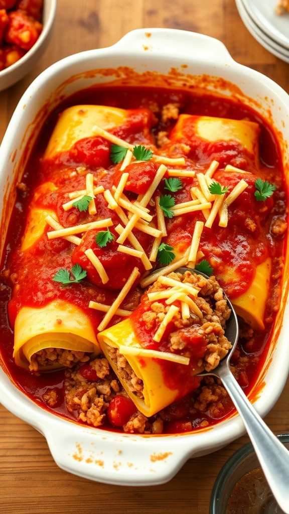 Cabbage roll casserole in a baking dish with cheese on top, garnished with parsley, and a serving spoon.